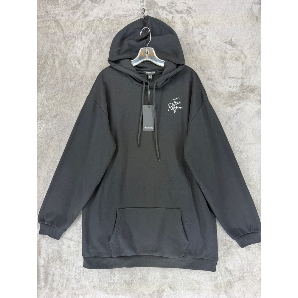 True Religion Hoodie Dress Women XL TR Script Jet Black Rhinestone Graphic NEW